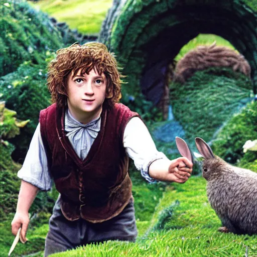 Image similar to a british lad as Bartook a teen hobbit with short curly dark brown hair wearing a blue vest with a white sash standing next to a giant rabbit, high resolution film still, movie by Peter Jackson