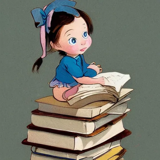 Prompt: a cute little girl with a round cherubic face, blue eyes, and short wavy light brown hair sitting on top of a stack of books. beautiful cartoon painting with flat colors and highly detailed face by quentin blake and greg rutkowski