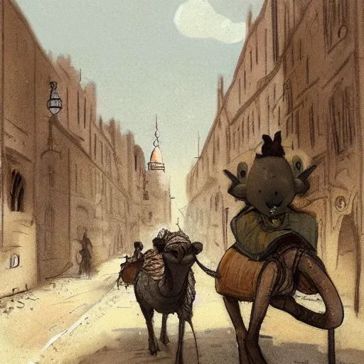 Prompt: A cute mouse riding a camel through a narrow street London, UK, 1885, digital art, trending on Artstation