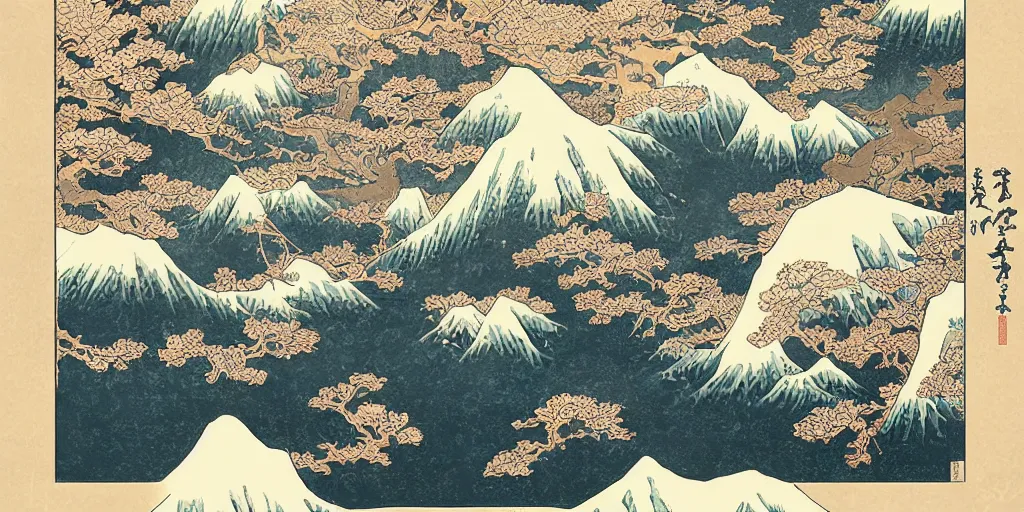 Image similar to beautiful idyllic poster illustration for a craggy snow valley national park, no trees, dragons in the sky, by hokusai