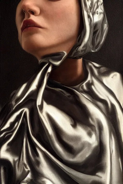 Image similar to hyperrealism oil painting, close - up portrait of albino medieval fashion model, black silk, steel gradient mixed with nebula sky, in style of baroque