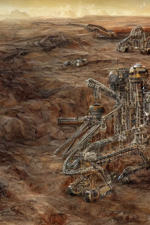 Image similar to industrial minning plant in a quarry in the middle of the desert of Mars planet concept art by yoshitaka amano and H.R. Giger, intricate detail, 8k, featured art