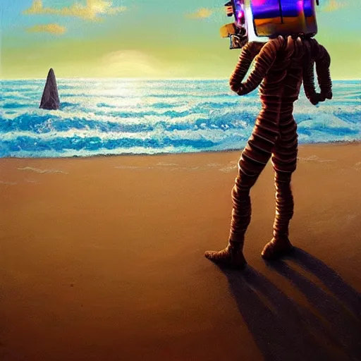 Prompt: atronaut on a hammoc on a beach, oil painting, artstation, dramatic lighting,, beautiful