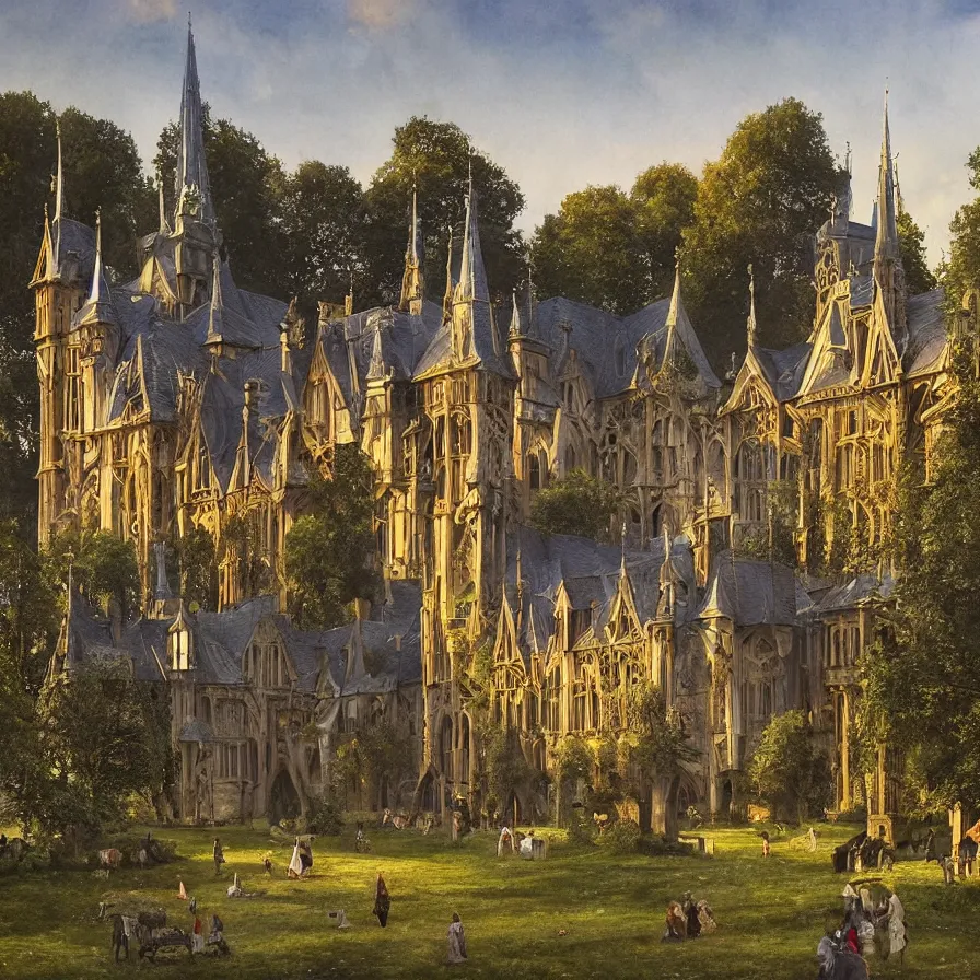 Image similar to a tudor style village in the shadows of an enormous Gothic Revival architecture castle in a lovely meadow at dusk, art nouveau matte painting, highly detailed