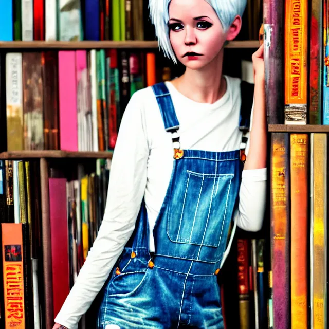 Image similar to full body pose, beautiful adult book fairy, pixar, short white hair shaved sides, dirty, grungy, grunge, long sleeve, painted overalls, stacks of giant books, highly detailed, 4 k, hdr, smooth, sharp focus, high resolution, award - winning photo, artgerm, photorealistic