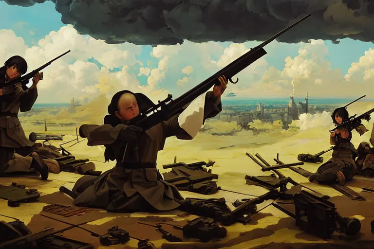 Prompt: baroque oil painting of key visual environment concept art of anime maids firing bolt action rifles at enemy lines, brutalist, dark fantasy, rule of thirds golden ratio, fake detail, trending pixiv fanbox, acrylic palette knife, style of makoto shinkai studio ghibli genshin impact jamie wyeth james gilleard greg rutkowski chiho aoshima