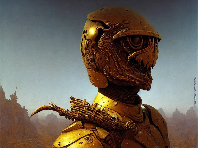 Image similar to a detailed profile portrait of a reptilian bounty hunter on his home planet, wearing combat armour by beksinski carl spitzweg moebius and tuomas korpi. baroque elements. baroque element. intricate artwork by caravaggio. Oil painting. Trending on artstation. 8k