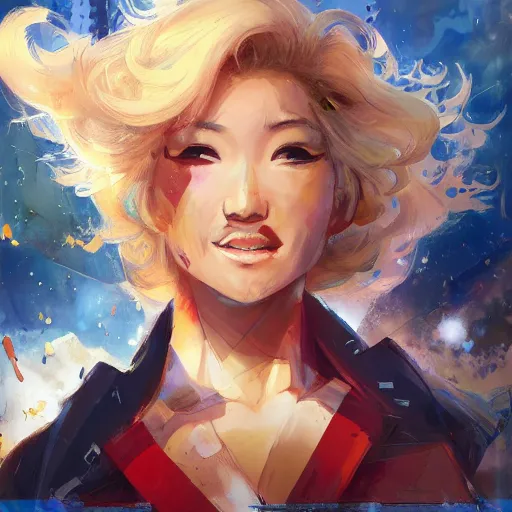 Image similar to Yang Xiao Long from RWBY by John Berkey and Peter Mohrbacher, rule of thirds, beautiful, in intergalactic hq, Refined, masterpiece, face anatomy