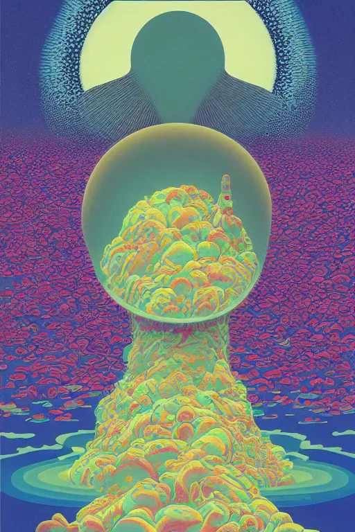 Image similar to a paper blotter tab of LSD acid melting into a surreal psychedelic hallucination, screenprint by kawase hasui, moebius and dan hillier, colorful flat surreal design, hd, 8k, artstation