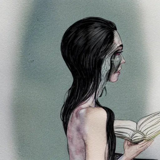 Image similar to full body detailed watercolor illustration of alien jennifer connelly mixed with anya taylor - joy, reading a book, unsettling, hooded long black feathered cloak, uncanny valley, with black feathers instead of hair, gothic, guillermo del toro, gray mottled skin, pale and sickly, profile view, - - ar 9 : 1 6