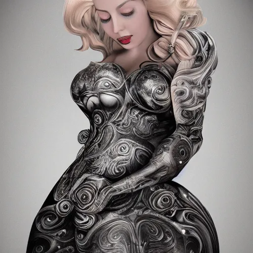 Prompt: blonde girl in a cosmic dress, full-body tattoos, ornate, rococo, grotesque, zbrush art, majestic, organics, silver filigree