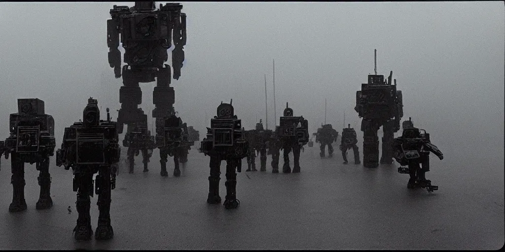 Prompt: Army of Giant death robots walk through the mist , frightening, ghastly, photorealistic, old film, 35mm film, found film, scary, ominous,, by bruce davidson, on hasselblaad