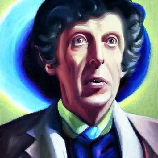 Image similar to “A painting of Tom Baker as Doctor Who looking awesome in front of the TARDIS!” W 1920