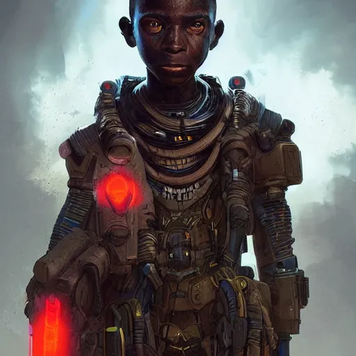 Prompt: a dark and ominous cyborg african child soldier with glowing eyes, Apex Legends character digital illustration portrait design, by android jones and greg rutkowski in a cyberpunk voodoo style, detailed, cinematic lighting, wide angle action dynamic portrait