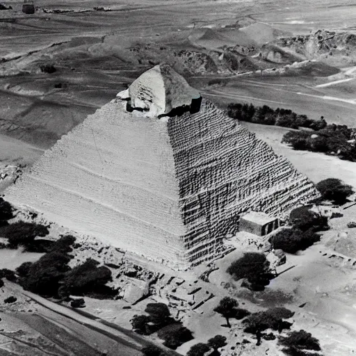 Image similar to an aerial photograph of a pyramid at giza at the early stages of construction with heavy scaffolding clearly visible, the top of the pyramid has not been built and is not visible, dslr