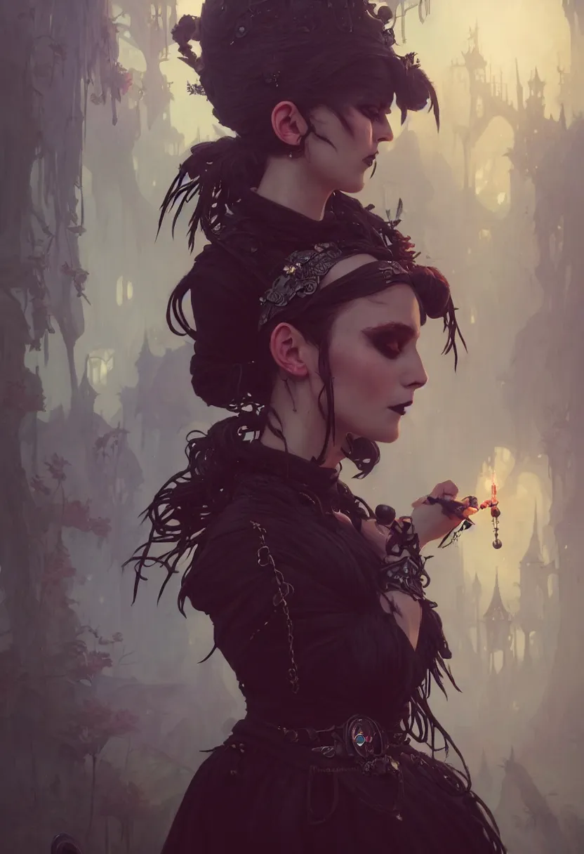 Image similar to beautiful portrait, goth girl, piercings collar, mohawk hairstyle, medieval dress. witch, makeup. unreal engine, greg rutkowski, loish, rhads, beeple, tom bagshaw, alphonse mucha, global illumination, detailed and intricate environment