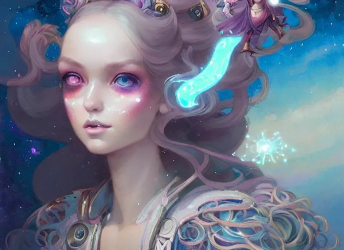 Image similar to close up picture of an maximalist dress magical girl, neat hair, slightly smiling, extremely beautiful and aesthetic and detailed cute face and eyes, wipe out evils with cute astronaut familiar sprites, aming the magics, magical beam, chiaroscuro, intricate, masterpiece, fantasy illustrations by peter mohrbacher and anato finnstark and jeremy lipking