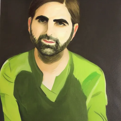 Prompt: a beautiful portrait painting of jason schwartzman with a green skin tint feeling sick after a big pasta bowl, paint by Hayao Miyazaki