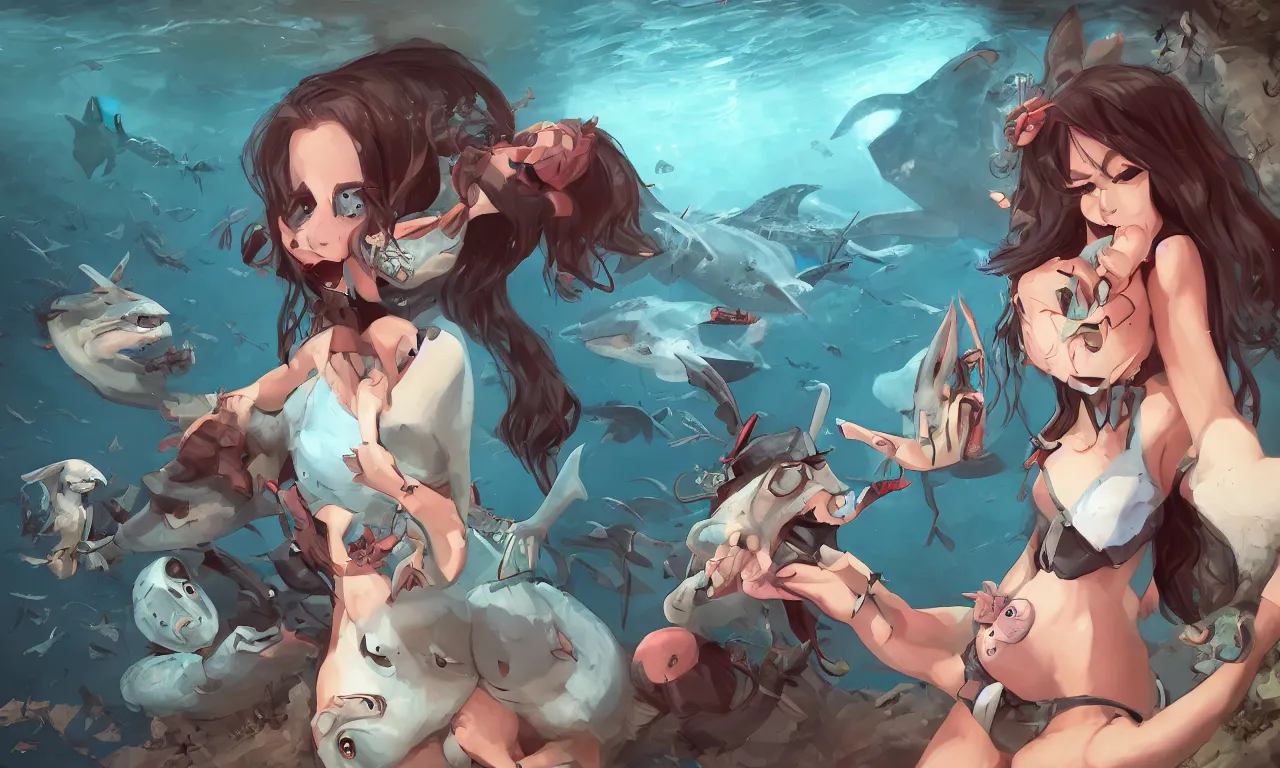 Prompt: A shark girl get stolen by a criminal rabbit while an owl and mother nature watch, digital paiting, trending in artstation. 8k