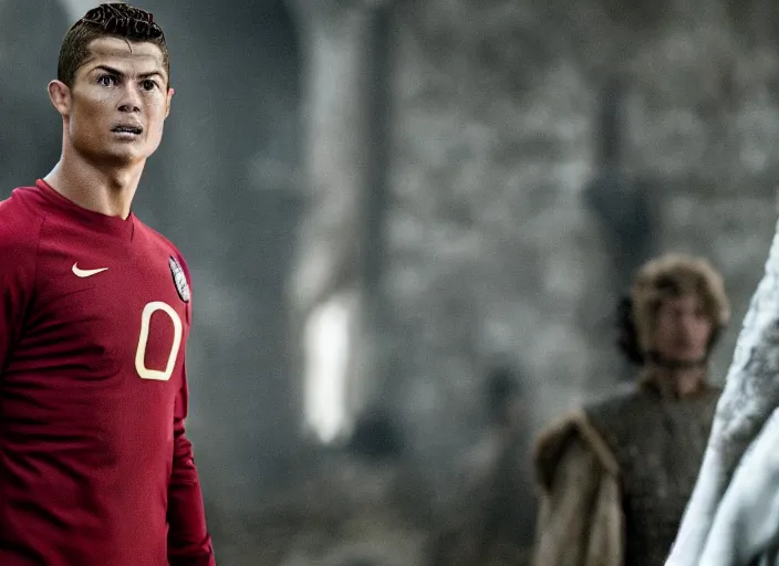 Prompt: film still of christiano ronaldo as joffrey in game of thrones movie, 8 k