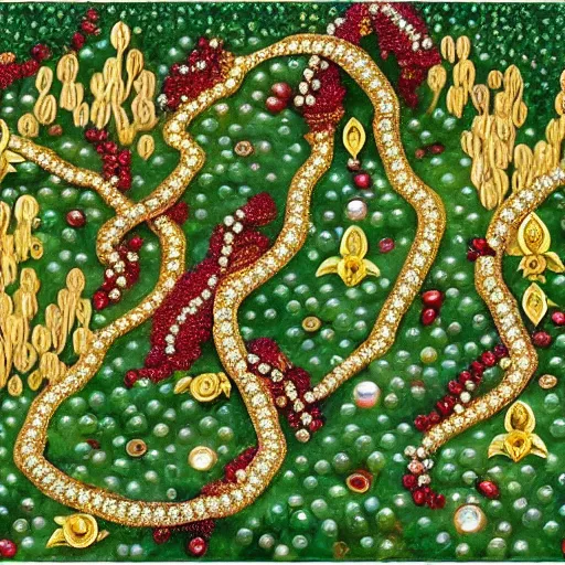 Prompt: A forest made of gemstones, with emerald leaves, vines made of golden chain, blossoms made of rubies, golden lillies on jade bushes, garnet and gold pomegranates, and jeweled fruit with diamonds and pearls