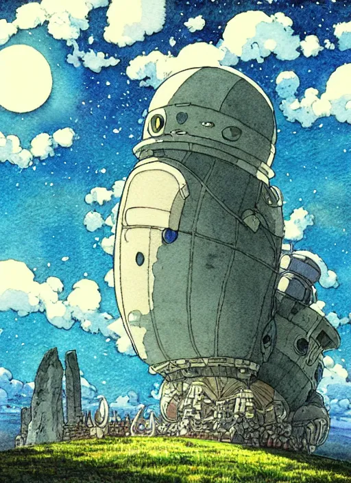 Prompt: hyperrealist studio ghibli watercolor fantasy concept art of a giant ufo from howl's moving castle sitting on stonehenge like a stool. it is a misty starry night. by rebecca guay, michael kaluta, charles vess