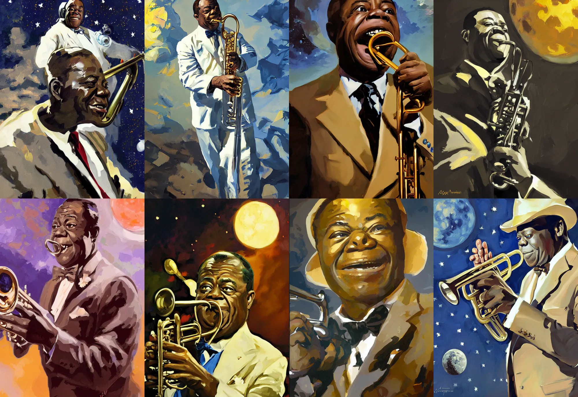 Prompt: a portrait of louis armstrong on the moon, by greg manchess and john singer sargent and jonathan yeo, dramatic lighting, highly detailed digital painting
