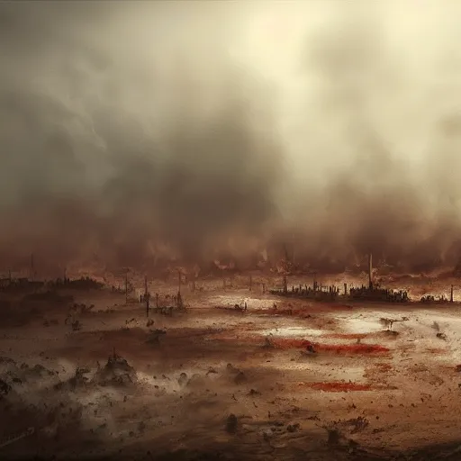 Image similar to hyper realism, realistic apocalyptic war scene, brown and red tones, dense fog