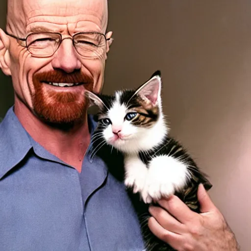 Image similar to walter white smiling holding a kitten, hd 4 photo