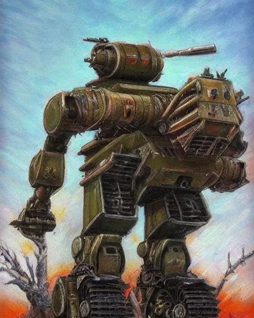 Prompt: ( ( t - 3 4 ) ) mech!!!! armed with a 7 5 mm cannon for an arm, giant!!!! humanoid!!!! figure, sharp angles, giant legs, oil painting, ( ( ( soviet tank ) ) ), tribal yurta, postapocalyptic, sharp focus