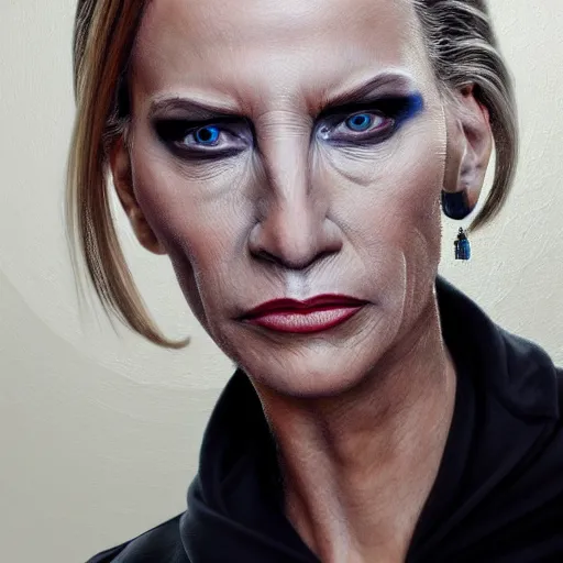 Image similar to extremely detailed portrait of the first beautiful female cyborg president of the united states of america. highly detailed lifelike photorealistic digital painting, artstation.