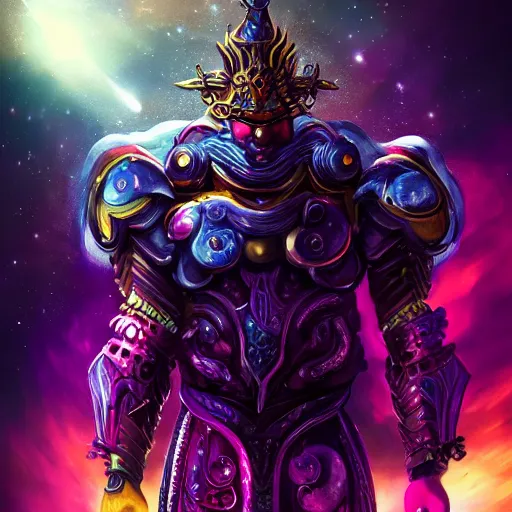 Prompt: photorealistic fantasy cosmic concept art of a cosmic god with armor made out of planets and dark matter, hovering in a unknown galaxy, fully body portrait, cinematic, dynamic lighting, ultra detailed, creative, trending on art station, creative