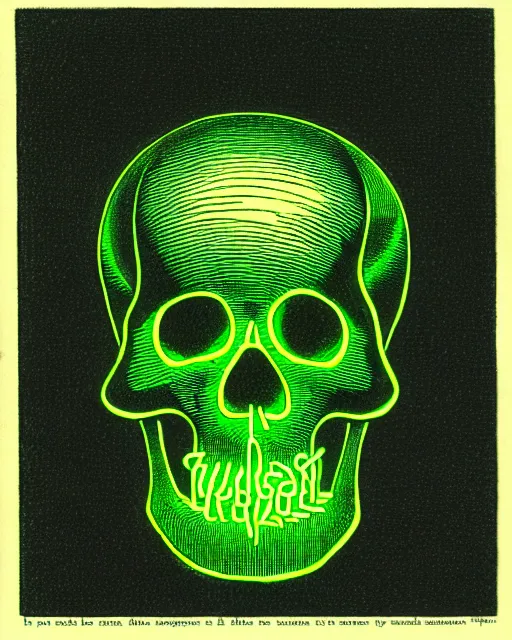 Image similar to illustration of a neon green skull floating over cubes from the dictionarre infernal, etching by louis le breton, 1 8 6 9, 1 2 0 0 dpi scan