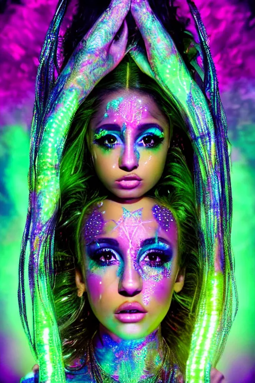 Image similar to a centered render of ariana grande as a mystical raver girl with fluorescent tattoos wearing intricate metallic clothing surrounded by a underwater ink pour and flowing liquid gallium and sacred geometry, perfect body and face, gorgeous, cinematic, beautifully lit, by peter kemp, by karol bak, by donato giancola, 3 d, trending on artstation, octane render, 8 k