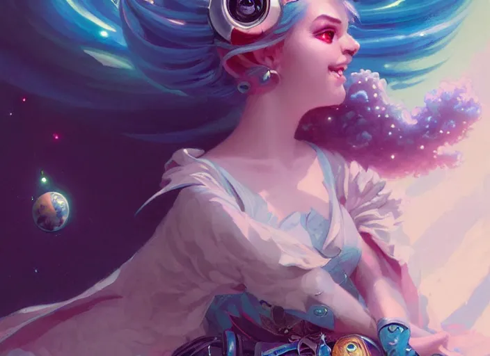 Prompt: close up picture of an maximalist dress magical girl, neat hair, smiling, extremely beautiful and aesthetic and detailed cute face and eyes, wipe out evils with cute astronaut familiar sprites, magical beam, chiaroscuro, intricate, masterpiece, fantasy illustrations by peter mohrbacher and anato finnstark and jeremy lipking