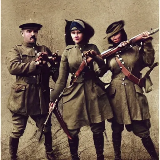 Image similar to action heroine posing with her ww 1 warband by alfred stevens