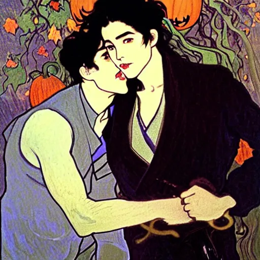 Image similar to painting of young cute handsome beautiful dark medium wavy hair man in his 2 0 s named shadow taehyung and cute handsome beautiful min - jun together at the halloween! party, bubbling cauldron!, candles!, smoke, autumn! colors, elegant, wearing suits!, clothes!, delicate facial features, art by alphonse mucha, vincent van gogh, egon schiele