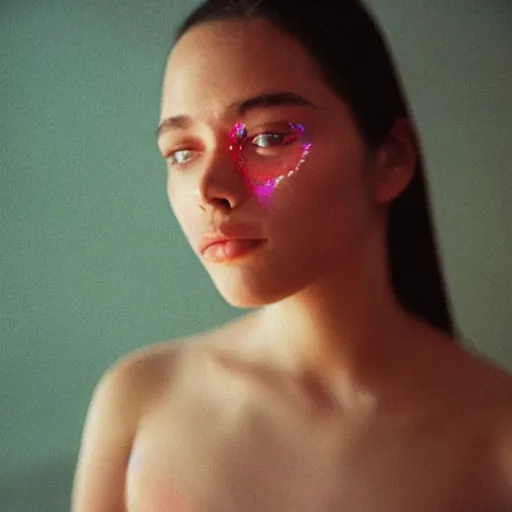 Image similar to Close-up of a gorgeous woman’s face looking at the camera, confident, holding a mirror creating refractions of colors everywhere, captured in low light and soft focus, cinestill 800t