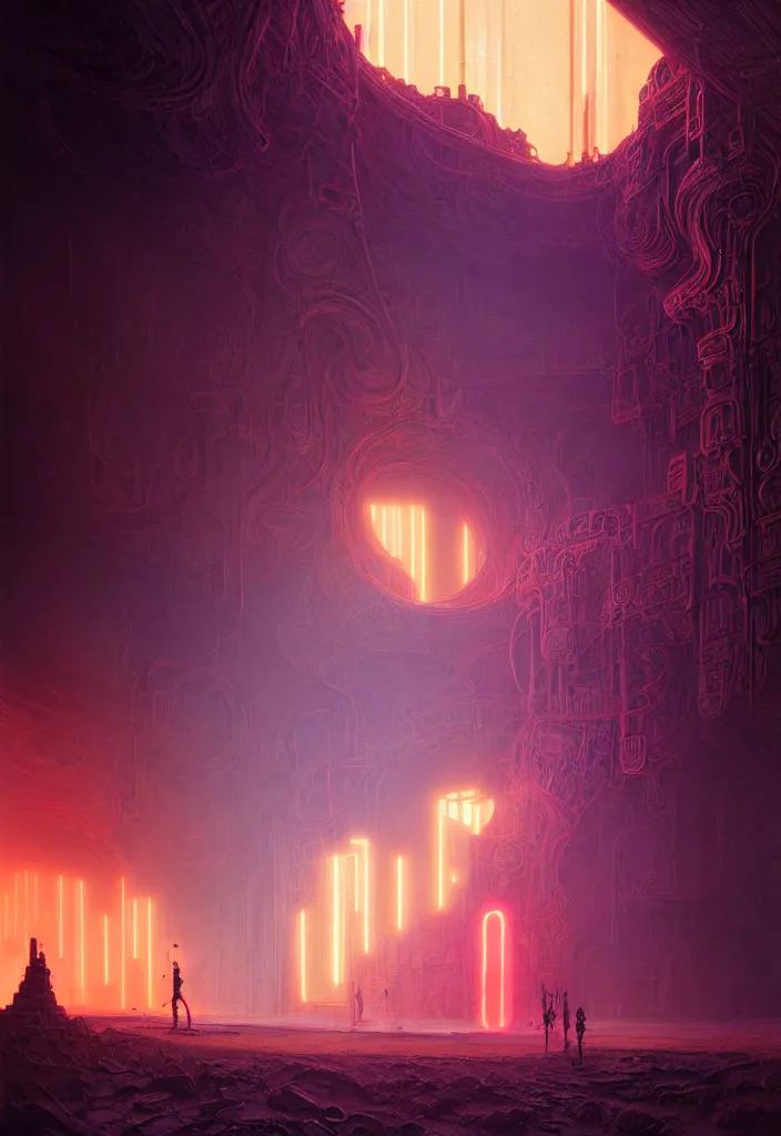 Prompt: Portrait of a young techno-mage casts glowing neon magic inside a ancient steel ruins. Barchans and dunes of sand. Art by Finnian MacManus, Simon Stalenhag, Arthur Rackham. Masterpiece, fantasy art, steampunk, hyperdetailed, photorealistic, hyperrealism