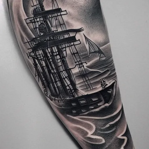 Prompt: a pirate ship sailing in the sea, realism tattoo design, white paper background, by Matteo Pasqualin tattoo artist