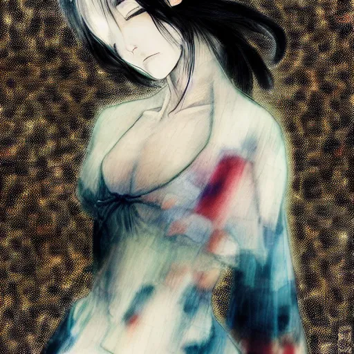 Image similar to yoshitaka amano blurred and dreamy realistic illustration of an anime girl with black eyes, wavy white hair fluttering in the wind wearing dress suit with tie, junji ito abstract patterns in the background, satoshi kon anime, noisy film grain effect, highly detailed, renaissance oil painting, weird portrait angle, blurred lost edges, three quarter view