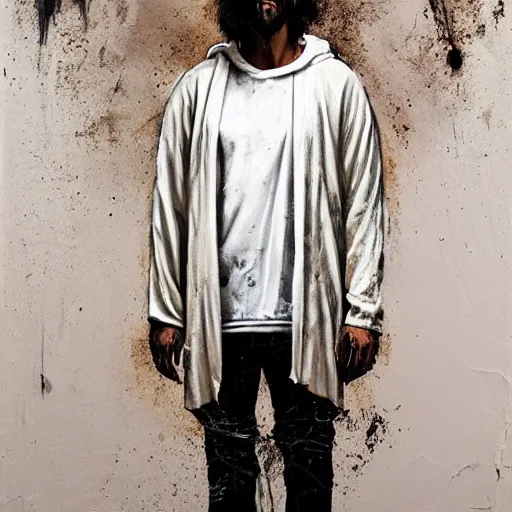 Prompt: a full body portrait of modern day jesus wearing cream fear of god menswear collection by nicola samori, hat and hoodie, detailed, oil painting, hyper realistic, 8 k, yeezy collection