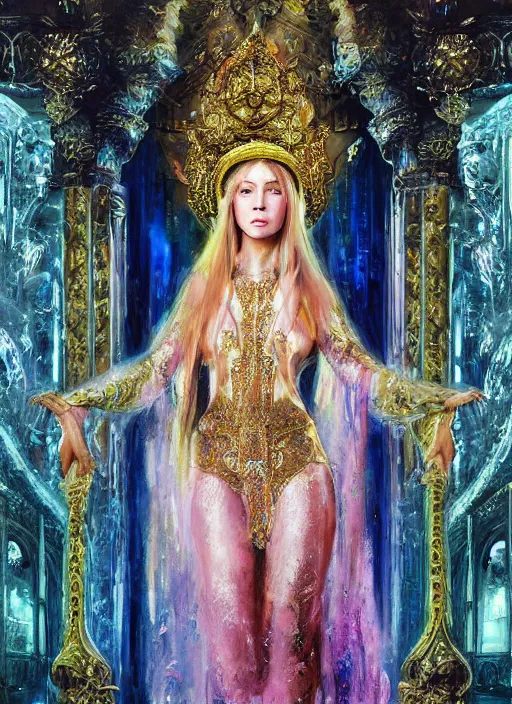 Image similar to soft focus oil painting on canvas of beautiful full body concept art, beautiful faced female priestess with shiny hair wearing full intricate clothing standing in a slimy temple, godray, intricate lighting, micro detail, cg society