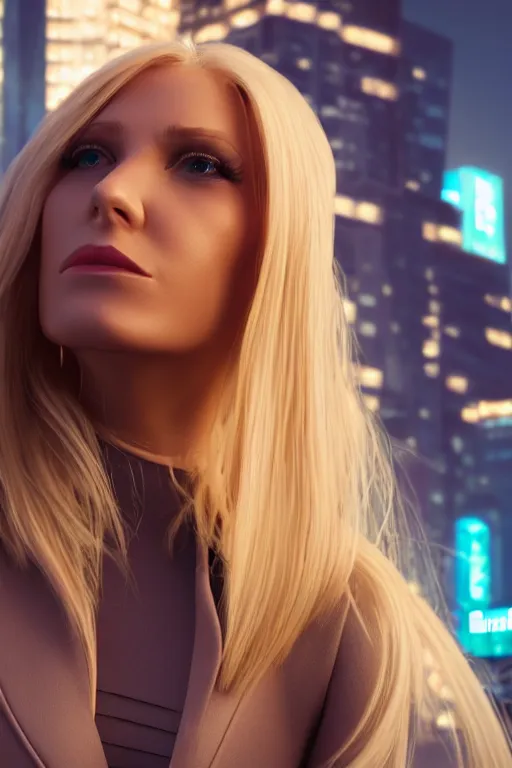 Image similar to blonde haired female lady wearing a catsuit looking at a bank in a cyberpunk city full of high rise buildings and neon signs 4k, very detailed faces, studio lightning, hard focus, beautiful volumetric lighting, epic light, ultra detailed by Leesha Hannigan, Ross Tran, Thierry Doizon, Kai Carpenter, Ignacio Fernández Ríos