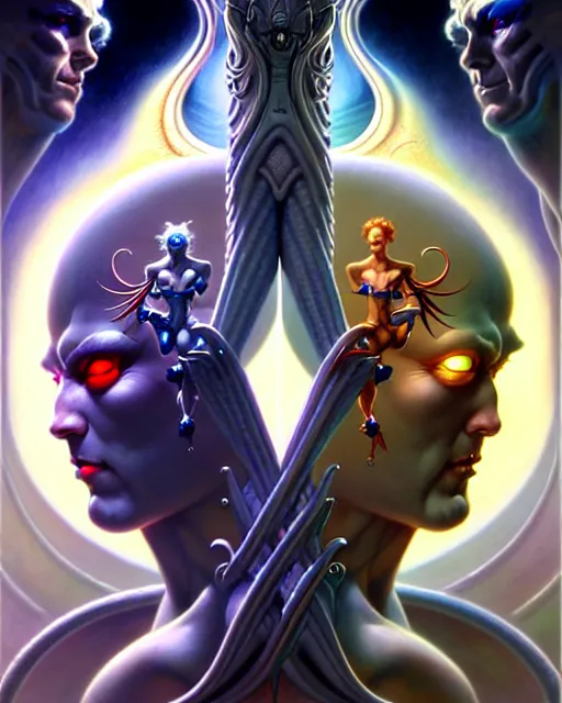 Image similar to beautiful gemini good and evil fantasy character portrait, ultra realistic, wide angle, intricate details, the fifth element artifacts, highly detailed by peter mohrbacher, hajime sorayama, wayne barlowe, boris vallejo, aaron horkey, gaston bussiere, craig mullins