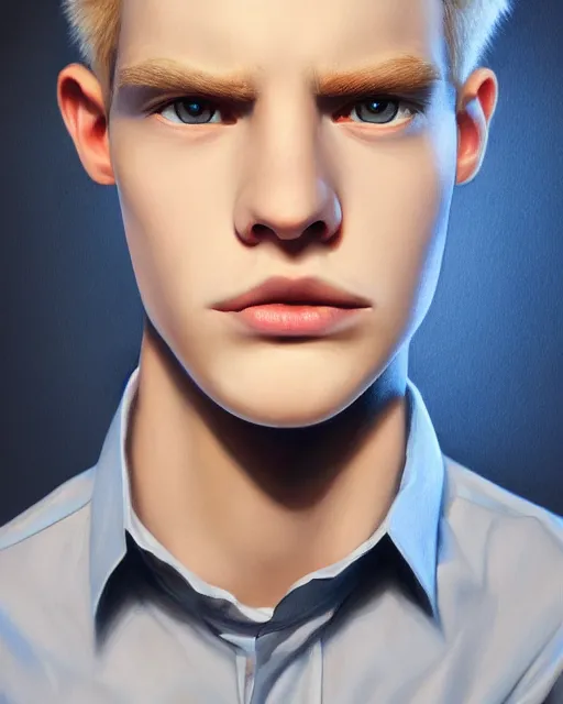 Image similar to portrait of 1 5 - year - old boy, a tall, slender boy with a pale, pointed face, sleek blond hair, and ice grey eyes, wearing in shirt, hyper realistic face, beautiful eyes, character art, art by mark brooks, hyperdetailed, cryengine, trending on artstation, digital art