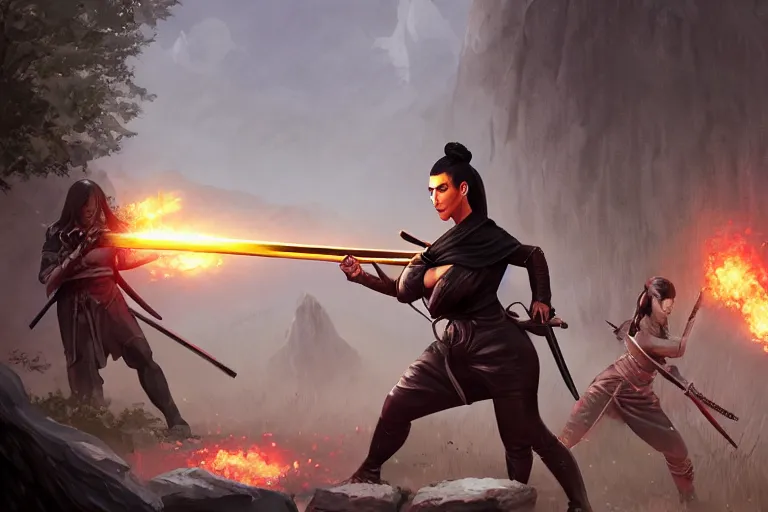 Prompt: kim kardashian slaying zombies with a samurai sword, highly detailed, d & d, fantasy, 4 k realistic, digital painting, trending on artstation, concept art, sharp focus, illustration, art by makoto shinkai and akihiko yoshida and daniel gerhartz