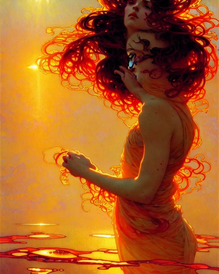 Image similar to sea of glossy liquid honey drops flowing like translucent amber, backlit, sunset, refracted lighting, art by collier, albert aublet, krenz cushart, artem demura, alphonse mucha