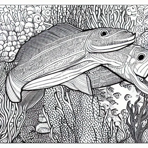 Image similar to a grayscale adult coloring page of sea life under the ocean