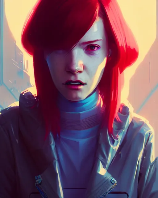 Prompt: cyberpunk synth, hyper - realistic detailed portrait of a happy girl, red hair, cinematic, by atey ghailan, by greg rutkowski, by greg tocchini, by james gilleard, by joe fenton, by kaethe butcher, 8 k, very intricate, dynamic lighting, gradient light blue, brown, blonde cream and white color scheme, sharp focus, grunge aesthetic